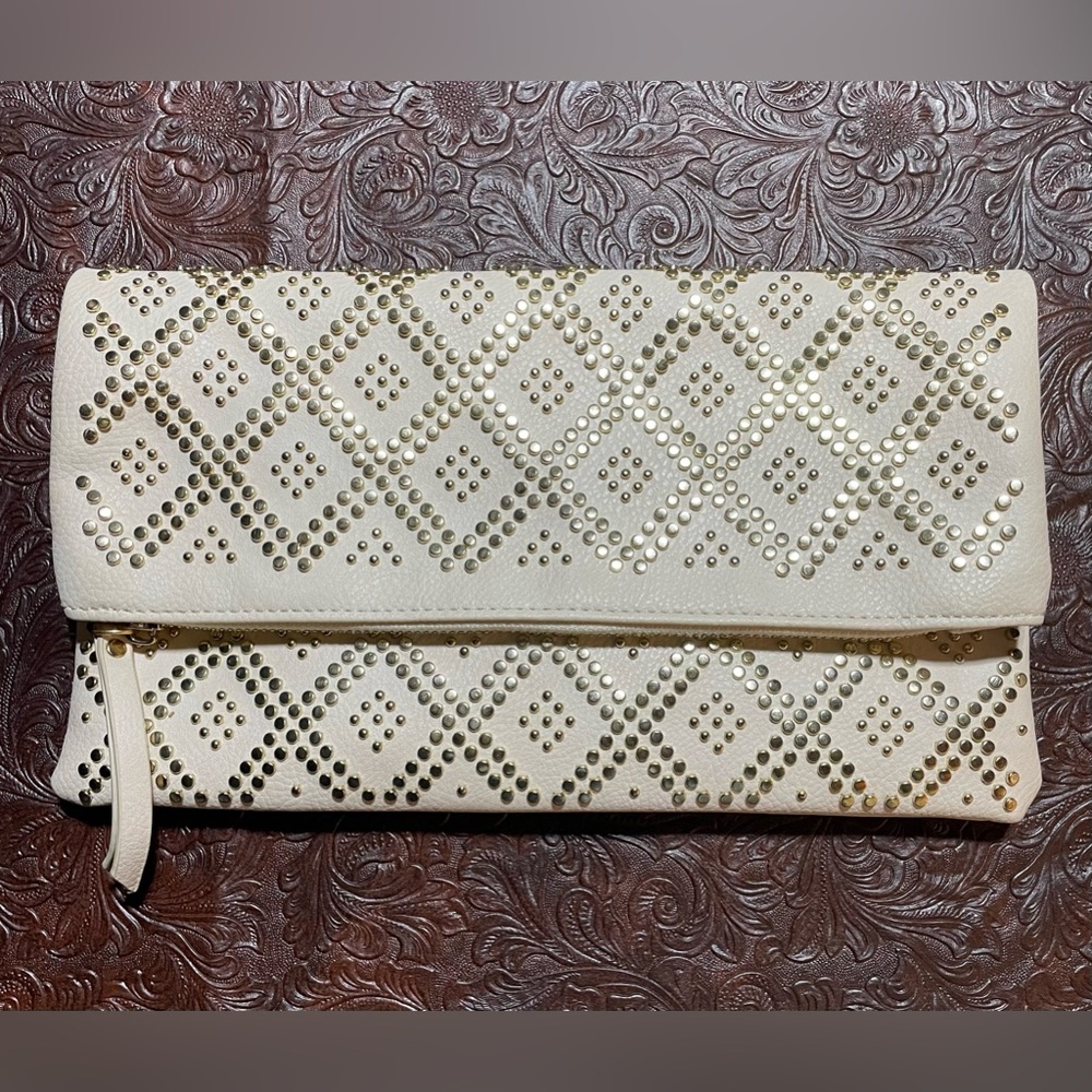 NWOT- Off White Gold Studded Fold Over Clutch w/ Long Chain Handle #H-20